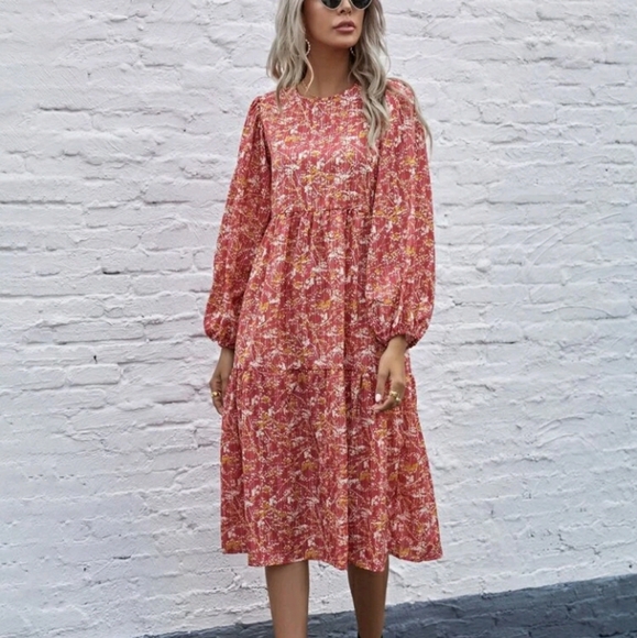 NEW Floral Print Lantern Sleeve Dress - Picture 3 of 16